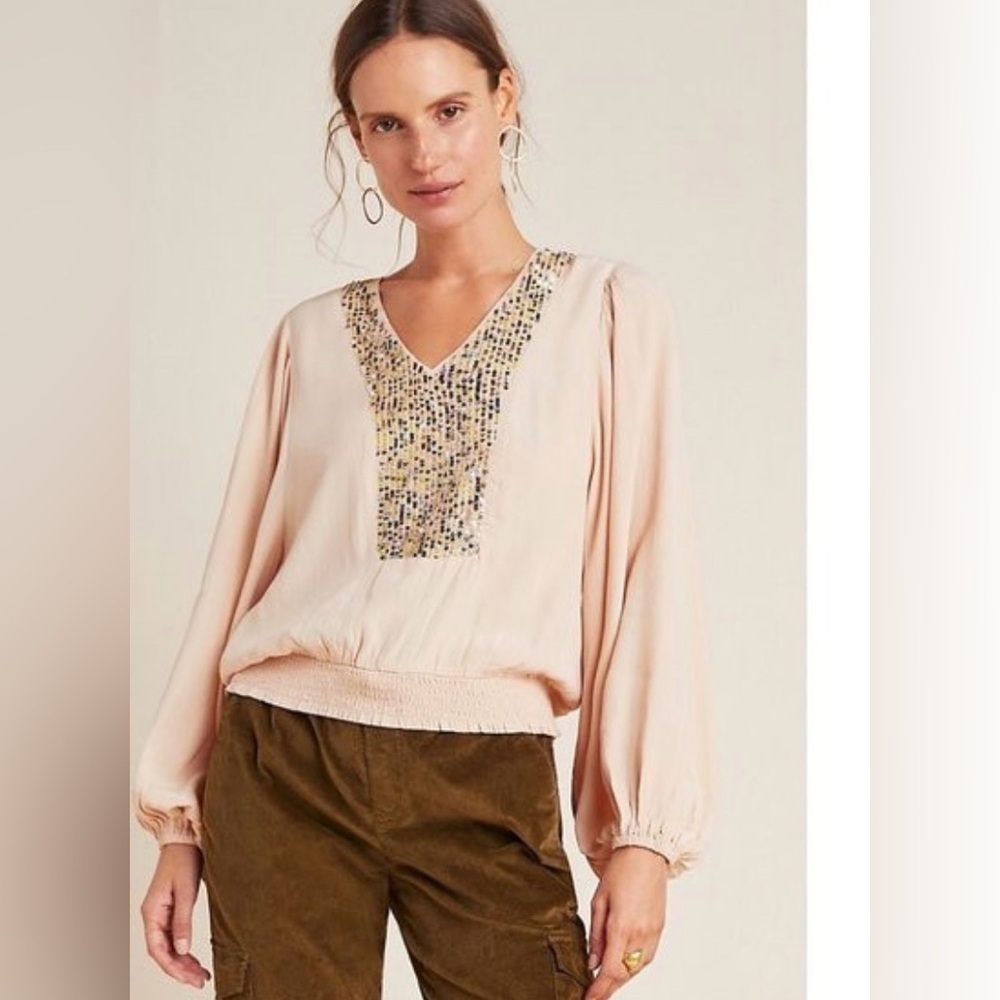 Anthropologie Blush Blouse with Mosaic Detail NWT Large